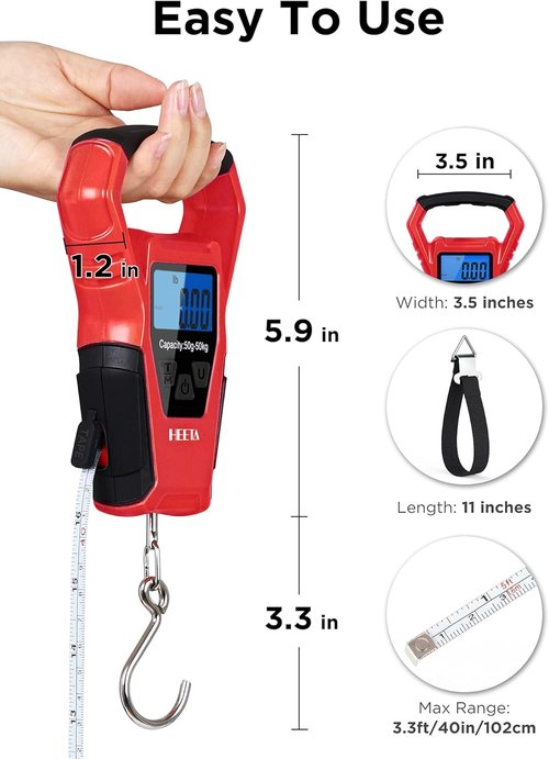 HEETA Waterproof Fish Scale - Digital Backlit LCD Display, 110lb Capacity | Portable Fishing Scale with Tape & Batteries