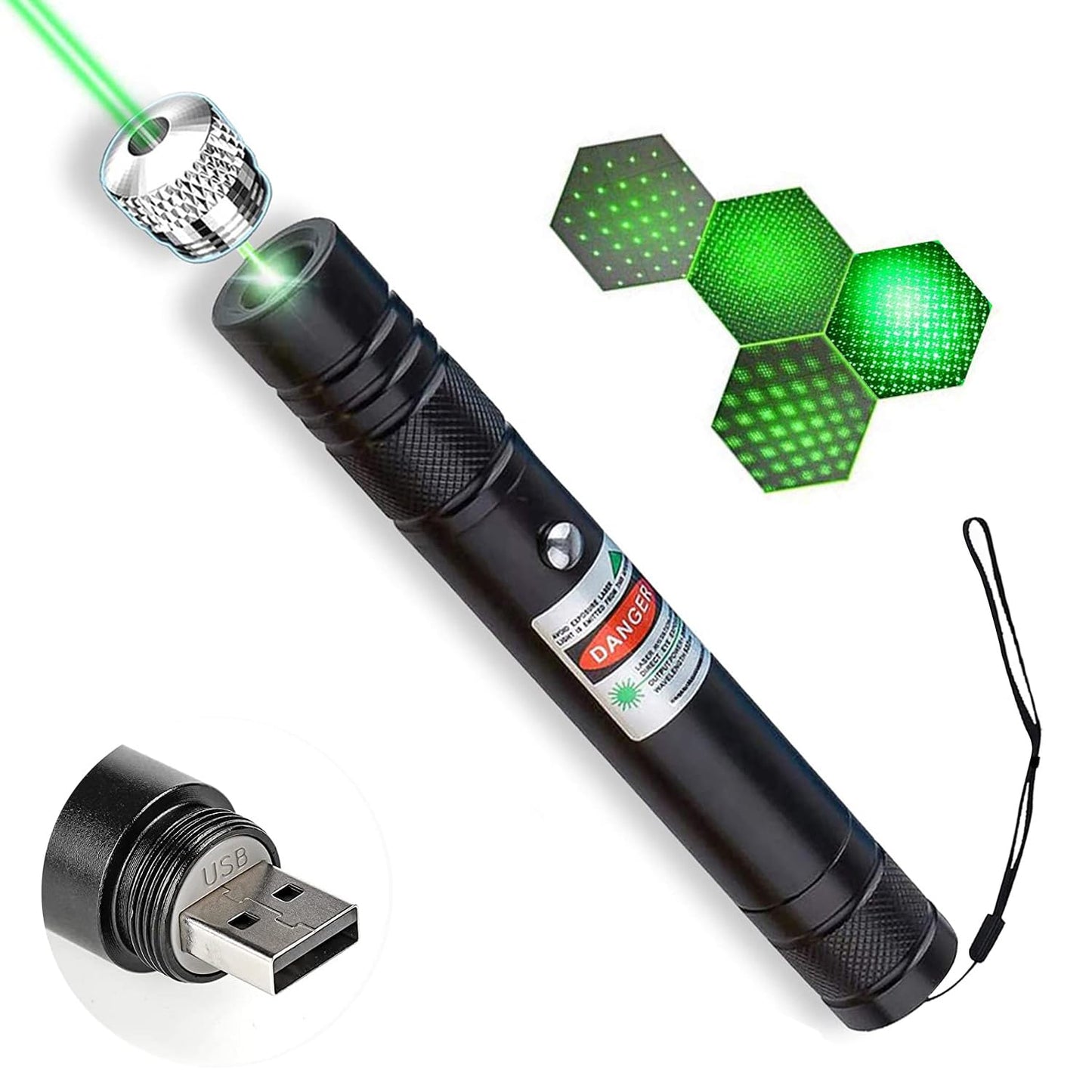Cyahvtl Laser Pointer, Tactical Flashlights 2000 Metres Green Long Range High Power Handheld Flashlight, Rechargeable Laser Pointer for USB, with Star Cap Adjustable Focus Suitable for Projecto
