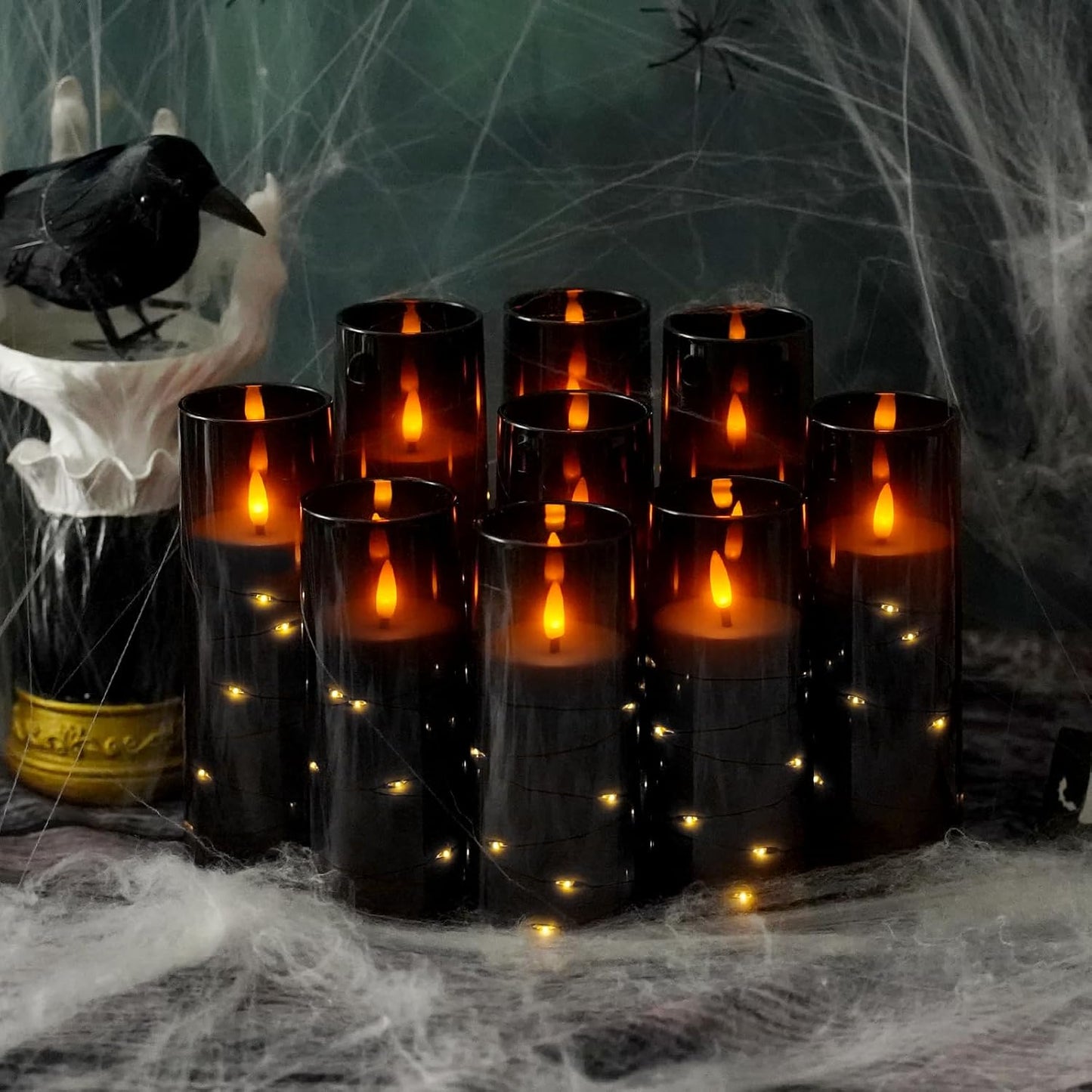Flameless LED Pillar Candles Set - 9 Pcs White with Remote & Star String for Home Decor