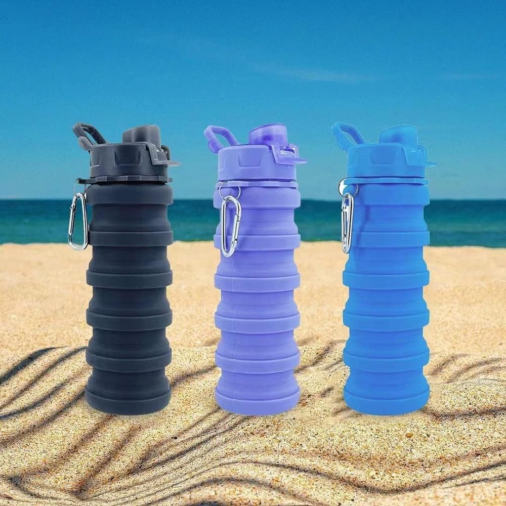Skiennix Collapsible Water Bottles - 2 Pack Silicone Design with Carabiner | 500ml Portable for Travel & Camping (Black & Blue)