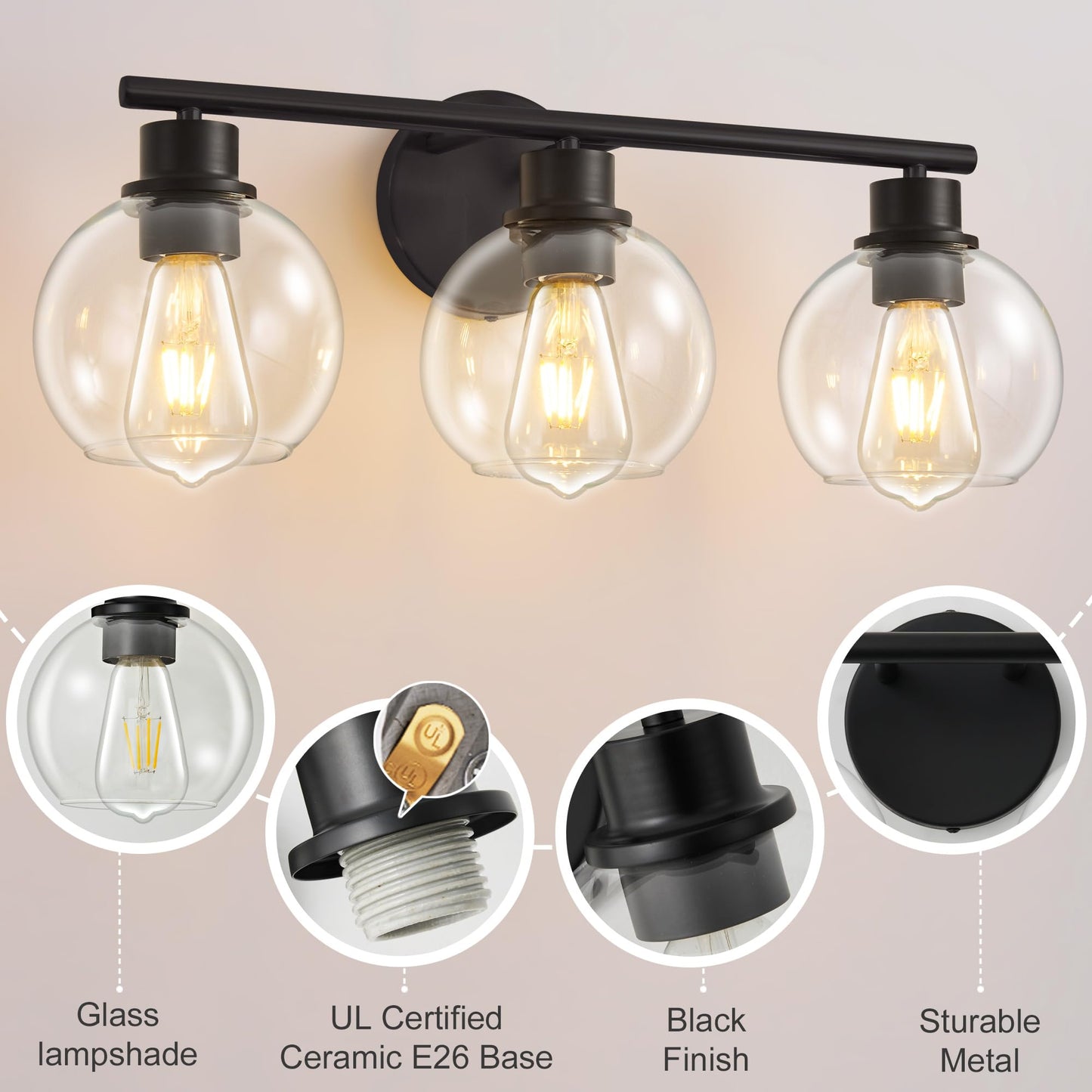 Lanmate Bathroom Light Fixtures Over Mirror 3-Lights Bathroom Vanity Light with Clear Globe Glass Shade 22 inch Modern Black Vanity Lights Wall Sconce Lighting for Bath