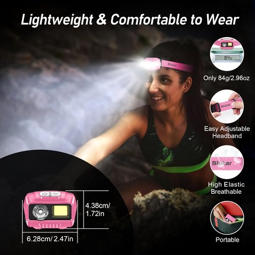 Blukar LED Headlamp,2000L Super Bright Rechargeable Headlight Flashlight with White&Red Light 2 Pack - Motion Sensor,Dimmable Brightness,8 Modes,Spotlight&Floodlight,IPX5 Waterproof for Camping-Pink
