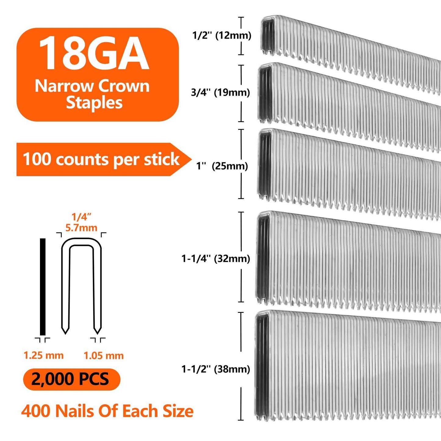 SITLDY 2000-Count 18 Gauge 1/4 Inch Narrow Crown Staples (1/2"+3/4"+1"+1-1/4"+1-1/2"), 400 per Size, Heavy Duty Beveled Chiseled Pointed Galvanized, Assorted Size Project Pack