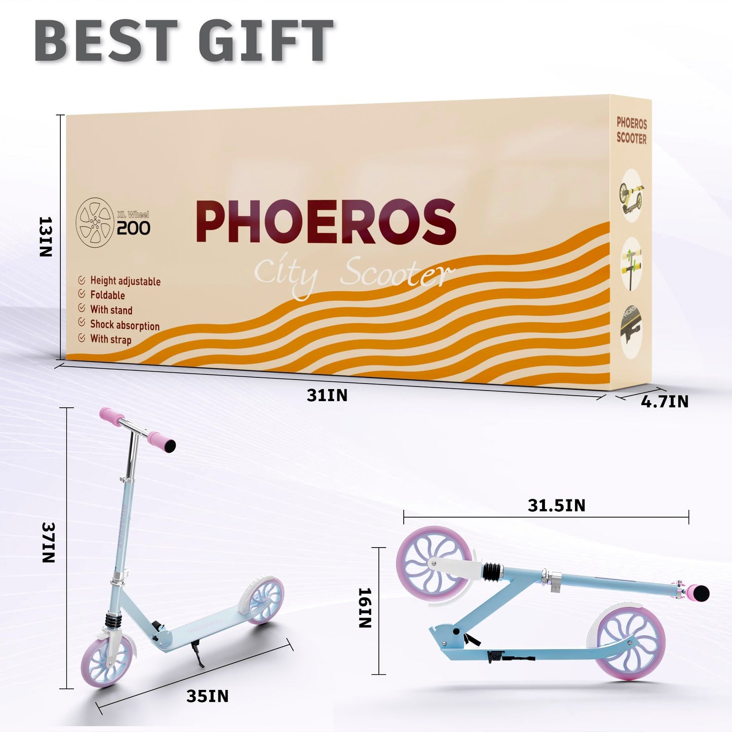 PHOEROS Kick Scooter for Kids Ages 6-12,Teens & Adults, Youth. Lightweight Aluminum Kick Scooter for Teens Adults Boys Girls with 8 inch Big Wheels, Foldable, 3 Height Adjustable, Shock Absorption.