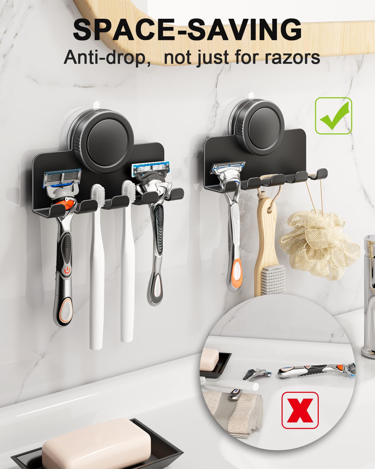 RIVAMBER Suction Cup Hooks, Razor Holder for Shower, Matte Black Waterproof No Drill Hanger for Hanging Loofah Towel Bathroom Kitchen Tiles Glasses