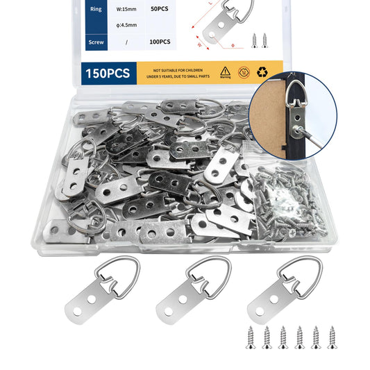 Quevaeco 50PCS D Ring Picture Hangers with Screws, 2-Hole Heavy Duty D Rings Frame Hooks for Picture Hanging, Photo Frames, Canvas, Mirrors, Artwork, and Decor Supplies