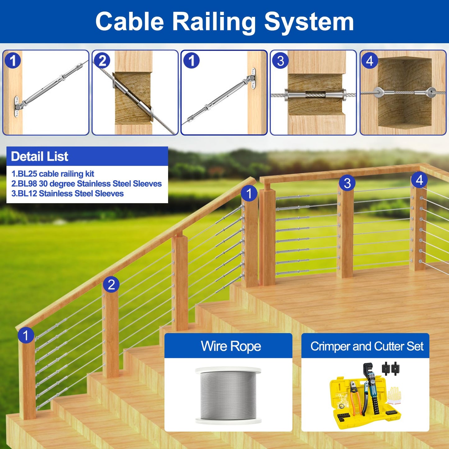 BLIKA 25 Pairs 1/8" Cable Railing Kit Swage Toggle Turnbuckle Hardware, Adjustable Angle T316 Stainless Steel Cable Railing Kits for 2"x2", 4"x4" Wood Posts, Deck Cable Railing Kits for Stairs, BL025