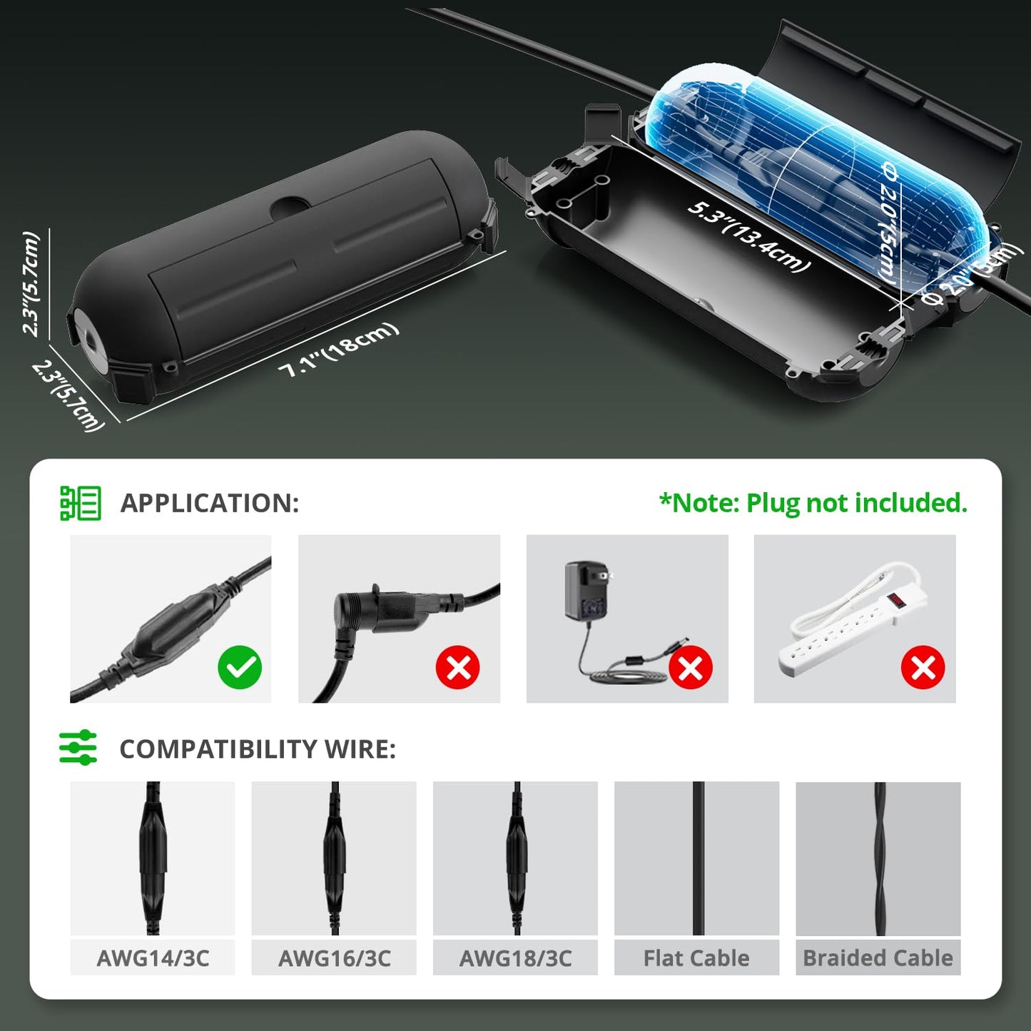 QUOBAS 2 Pack Small Outdoor Extension Cord Cover, Waterproof Electrical Box for Outdoor Outlets, Plugs, Holiday Christmas Lights, Power Tools，Black