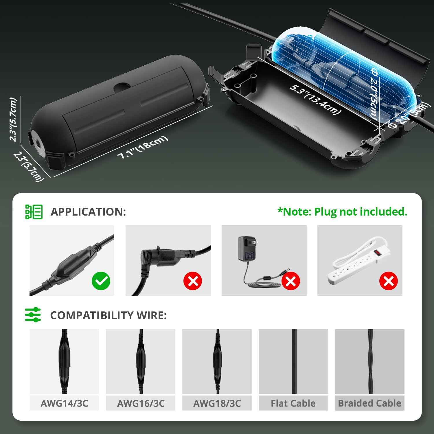 QUOBAS 5 Pack Outdoor Electrical Box, Waterproof Extension Cord Cover，Weatherproof Connection Box with Sealing Gasket for Outlets, Plugs, Christmas Lights & Power Tools, Black