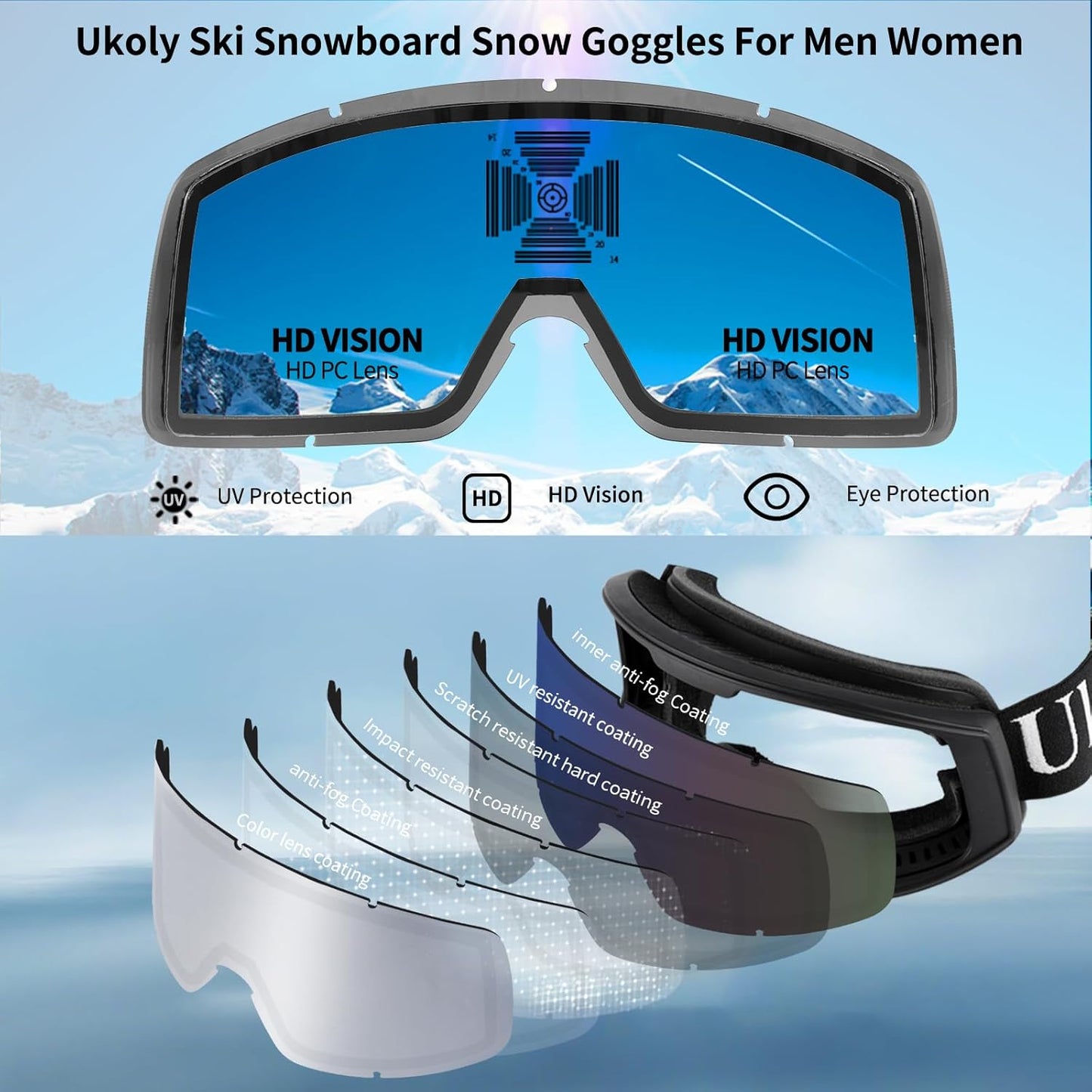 Ukoly Ski & Snowboard Goggles - HD Lens, Anti-Fog Coating, UV400 Protection | Unisex Design