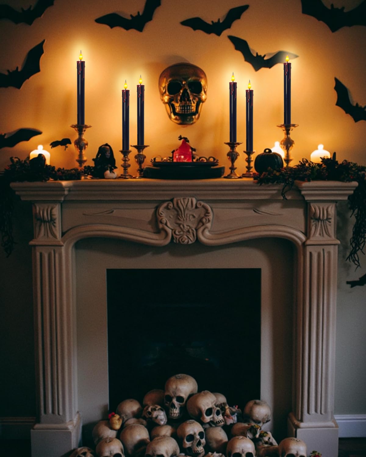 SUNGEGE Flameless Bleeding Candles – 6 Pack, Black LED Taper Candles with Red Dripping Wax Effect, 0.8 x 9.9 Inches, Includes 2 Remotes – Creepy Halloween Decor for Haunted Houses & Horror Parties