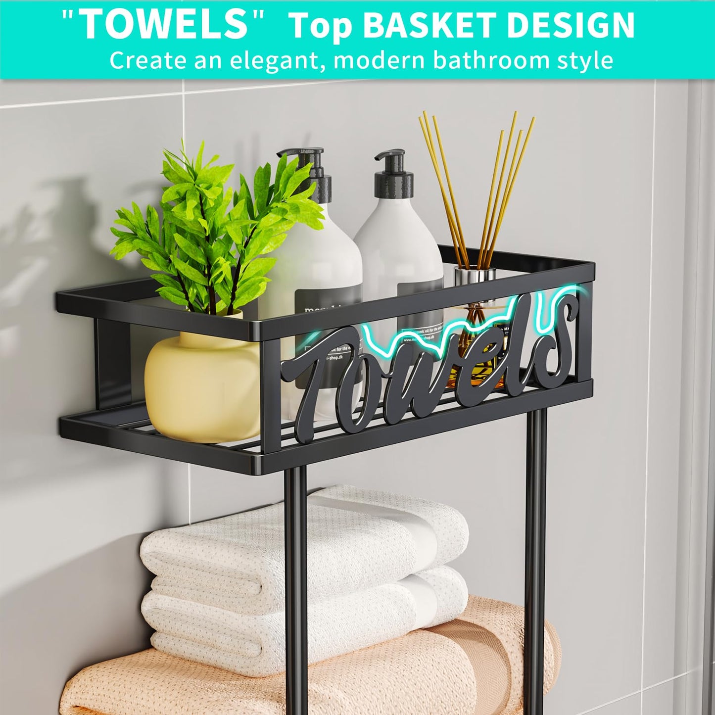 HapiRm Towel Rack Bathroom Storage - 3 Tier Over The Door & Wall Mounted Rolled Towel Racks Holder Organizer with Metal Shelf and 6 Hooks for Small Bathroom, Camper, Rv - Black (for 1.77 in Doors)
