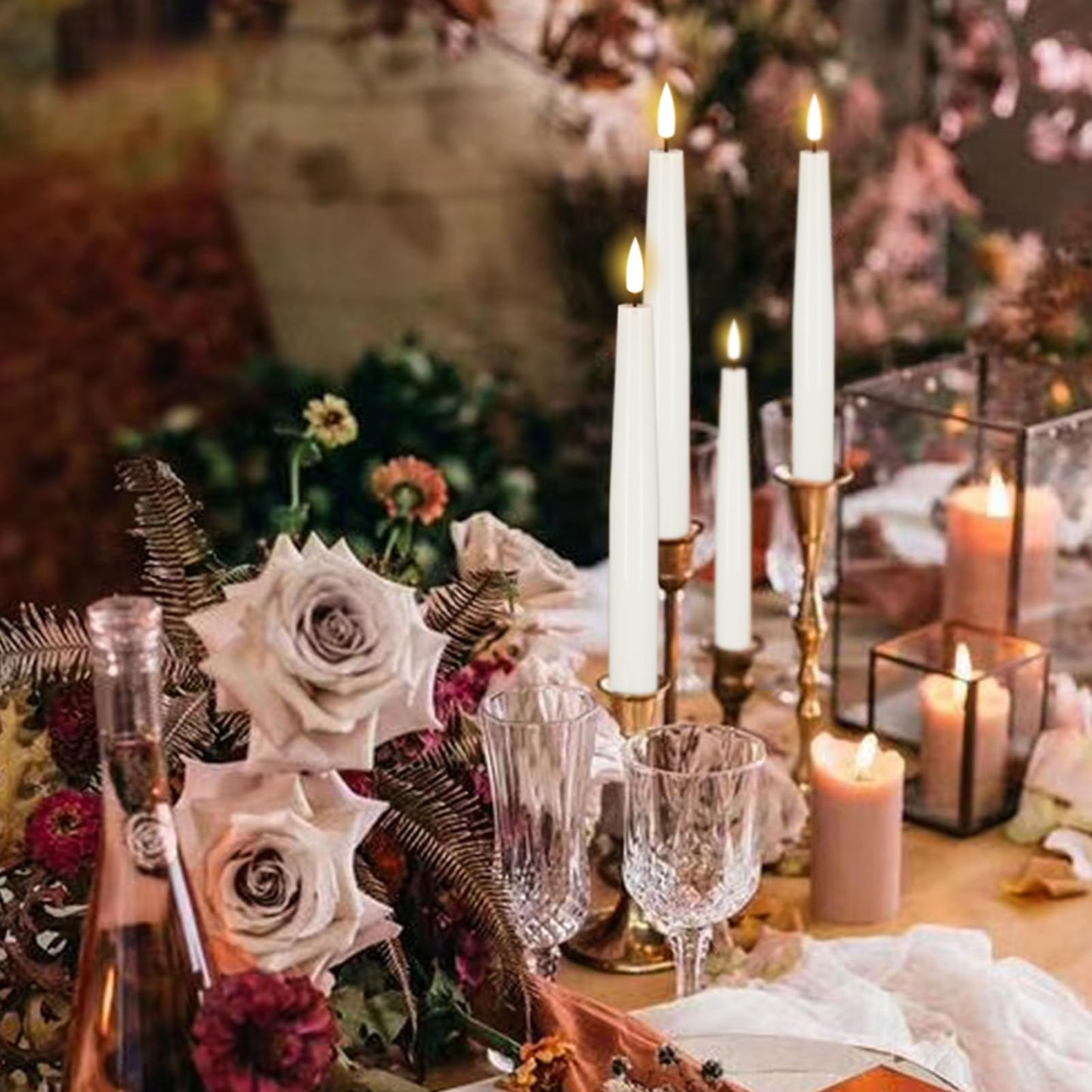 GenSwin Flameless Flickering Taper Candles Battery Operated, 4 Pcs Real Wax LED Taper Flameless Candlesticks with 3D Wick, White Electic Long Candles for Home Table Centerpieces Decor (0.79” x 8.1”)