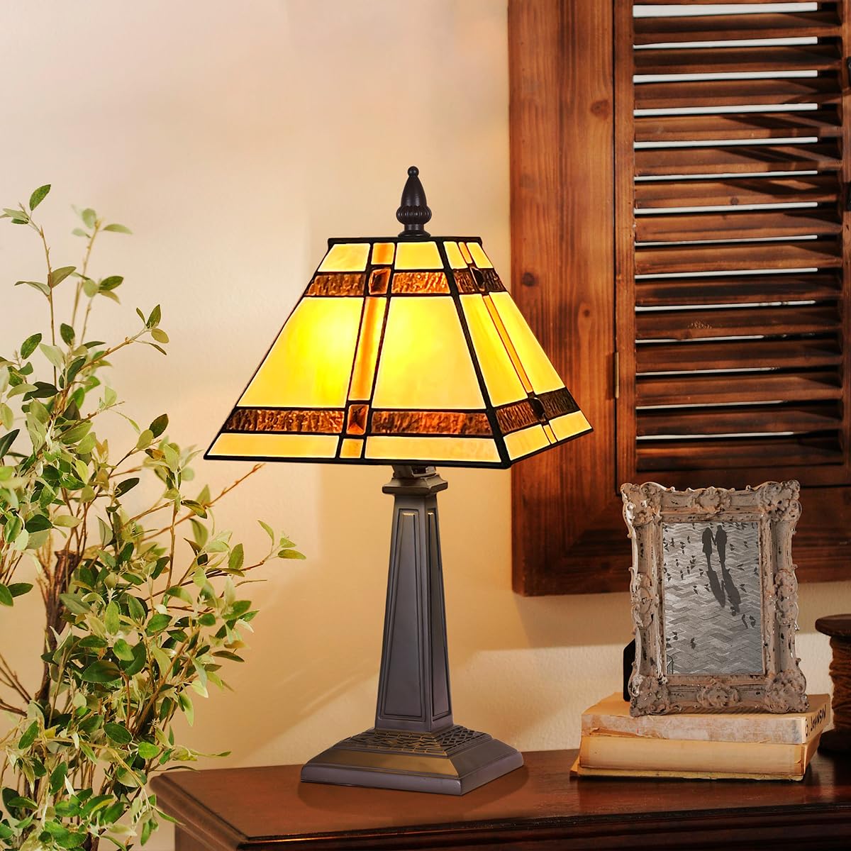COTOSS Tiffany Table Lamps,Small Handcrafted Stained Glass Accent Table Light,Amber Mission Style Antique Desk Lamp for Bedroom Living Room Home Office