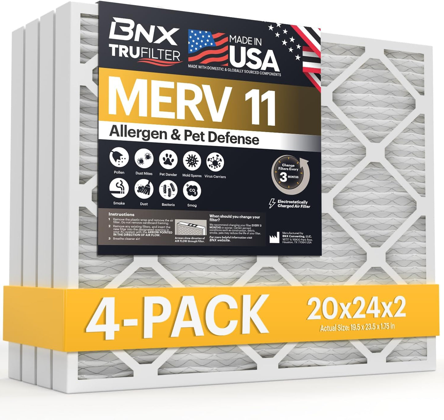 BNX TruFilter 12x12x1 MERV 8 Air Filters (6-Pack) - USA-Made Dust & Pet Defense for HVAC