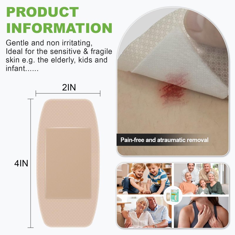 G+ GUIGABUL Silicone Adhesive Bandages Large Size for Sensitive Skin Pain-Free Removal Waterproof Hypoallergenic Breathable 2"x4" 20 Count Latex Free for Wound Care