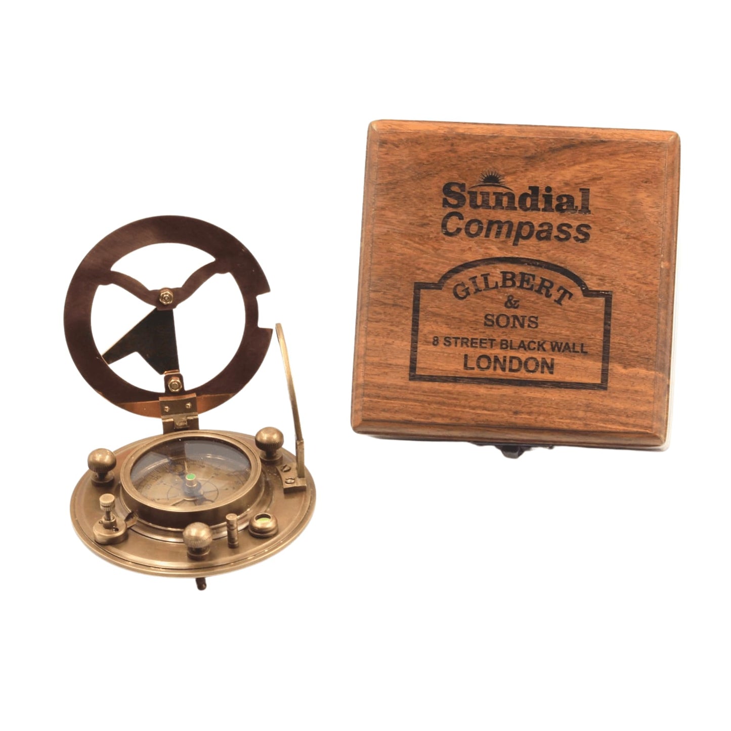 Gilbert and Sons Antique Brass Sundial Compass with Engraved Wooden Case