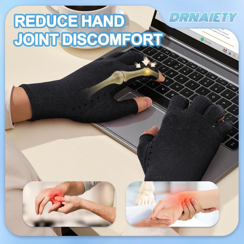 DRNAIETY 2-Pair Arthritis Compression Gloves- for Hand Arthritis, Carpal Tunnel Pain, Rheumatoid Arthritis, RSI, Fingerless, Anti-Slip, Breathable Gloves for Men & Women, Typing, Daily Use(M Black)