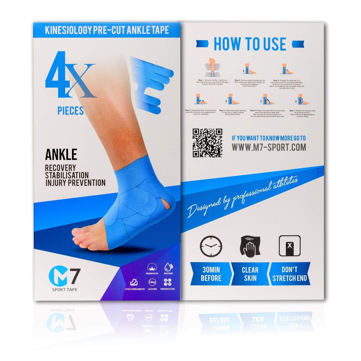 M7 Sport Kinesiology Tape for Ankle Sprain and Stability, Kt Tape for Ankle, Pain Relief Therapeutic Tape, Plantar Fasciitis, Waterproof, Eases Swelling (Black, 4-Pack)