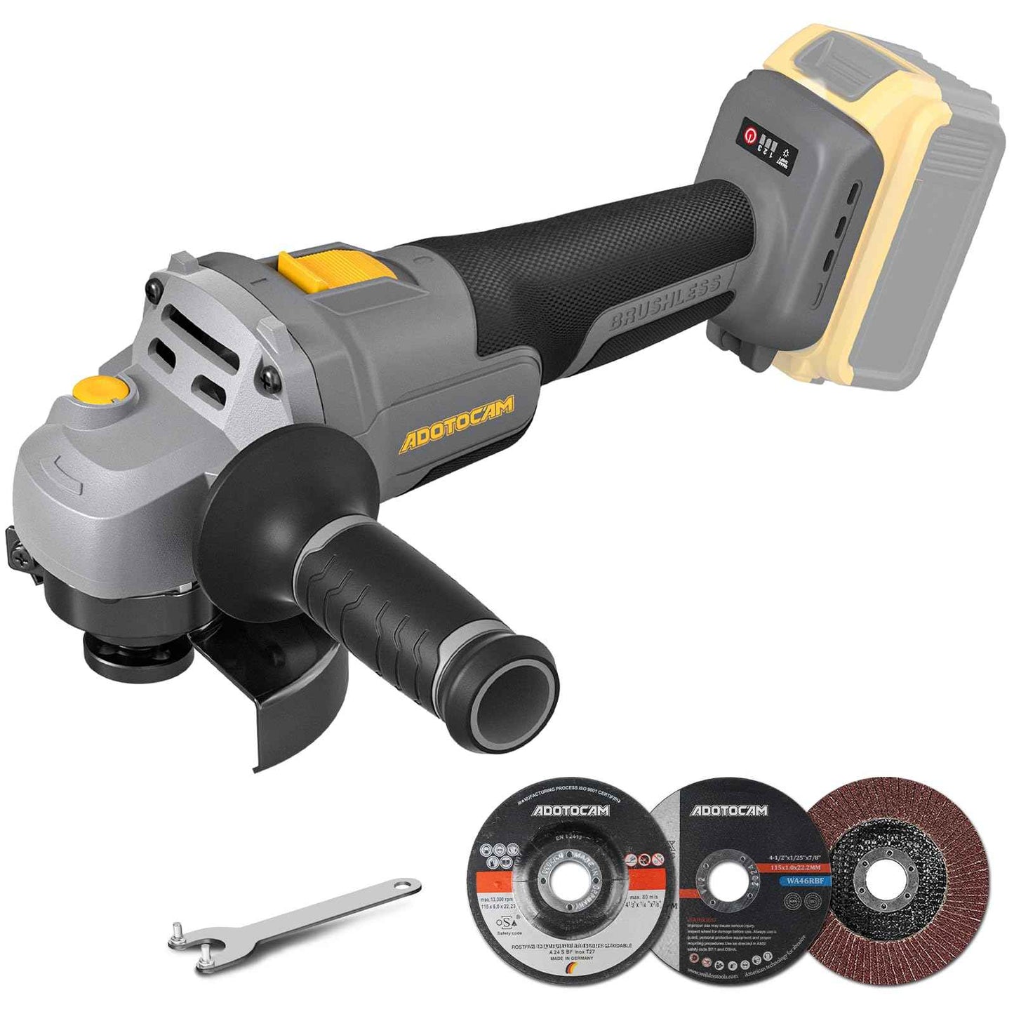 ADOTOCAM Angle Grinder, 20V Brushless Cordless, 4-1/2 Inch, Compatible with Dewalt Battery (No Battery), with Metal Grinding Wheel, for Cutting, Grinding, Polishing, Carving