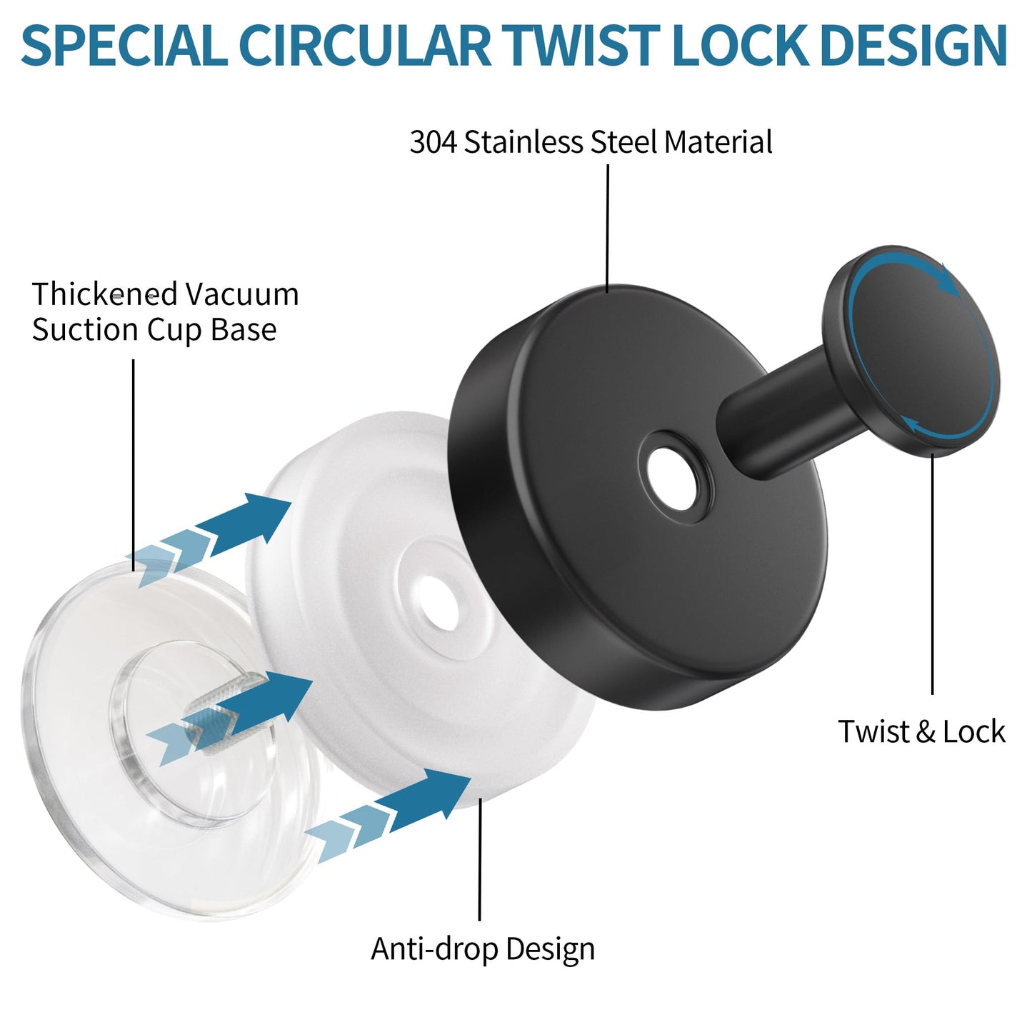 Deluwire Suction Cup Hooks for Shower,3 Packs Wall Mount Towel Holder,Removable Shower Towel Suction Hooks for Bathroom Wall,Kitchen,Glass,Mirror,Tile to Hang Robes,Loofah-Black