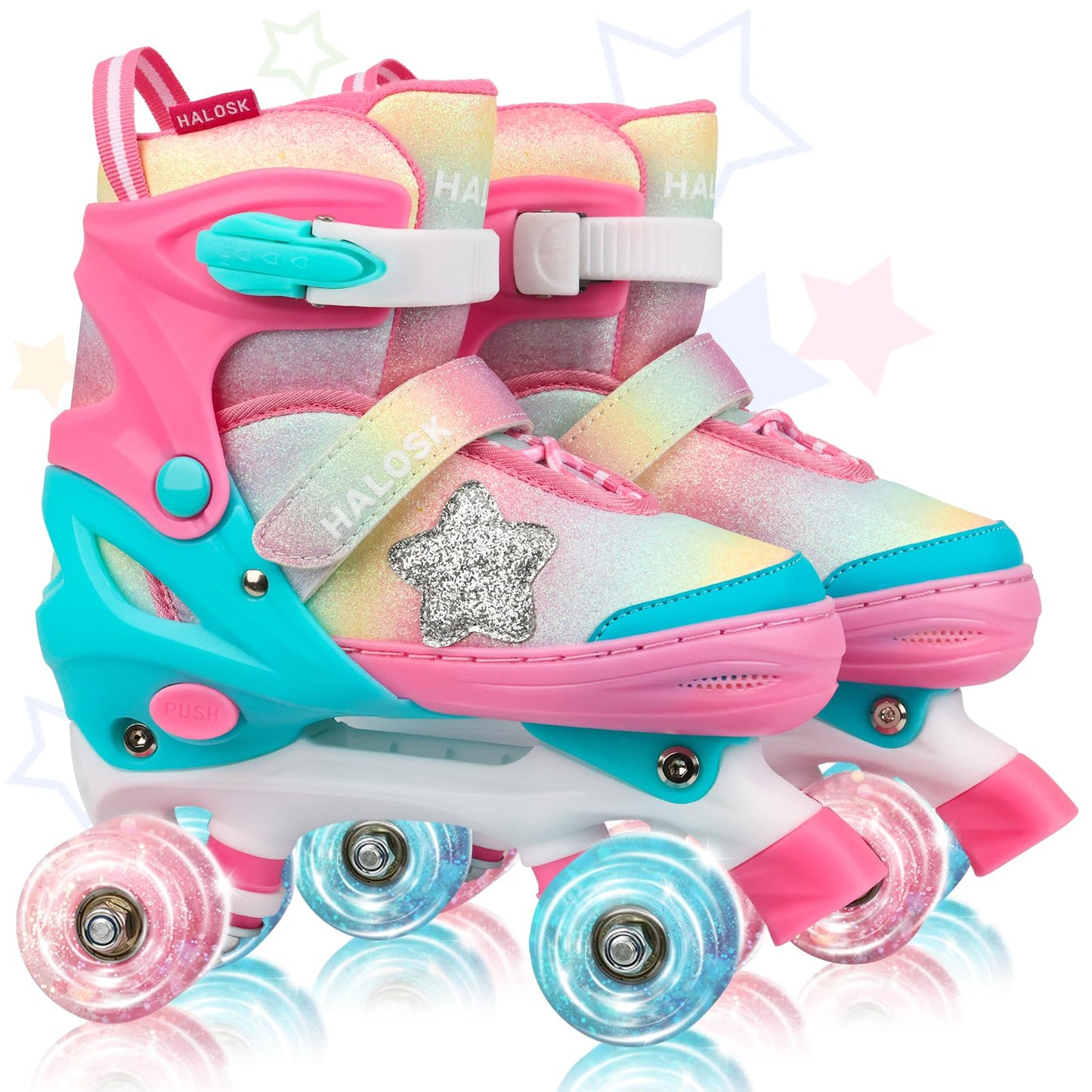 HALOSK Girls Roller Skates for Kids Boys, Adjustable Double Row Quad Skate with Light-Up Wheels, Gradient Star Design for Beginners Ages 3–12