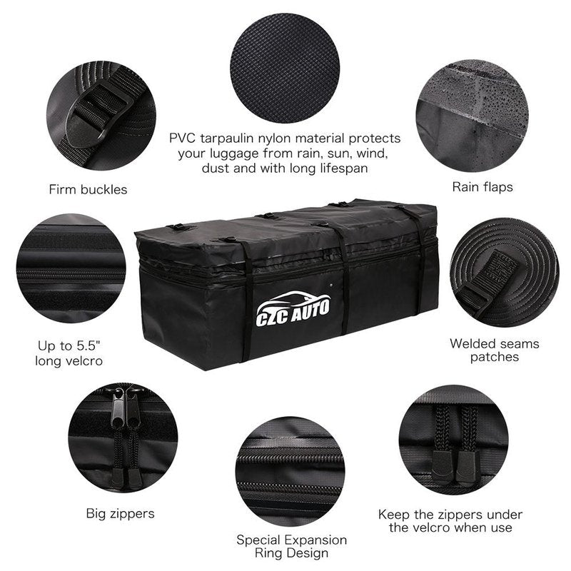CZC AUTO Expandable Hitch Cargo Carrier Bag 9.5 cu. ft Extends to 11.6 cu. ft, Waterproof/Rainproof/Weatherproof, for Car Truck SUV Vans' Hitch Trays Hitch Baskets, Safe Steady Durable Soft Black
