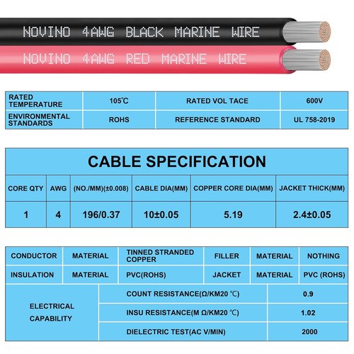 4 Gauge Marine Wire - Tinned Copper Electrical Cable for Boat & Automotive | 50FT Red & 50FT Black