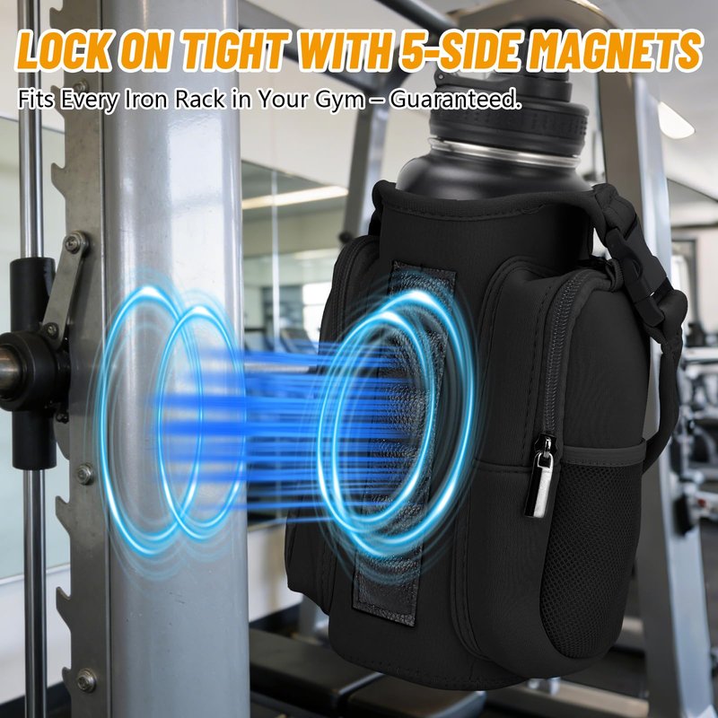 Yanwela Magnetic Gym Water Bottle Bag with Strong Magnet Holder for Men and Women to Carry Phone Small Bottle and Essentials Securely Attached to Metal Surfaces - Black