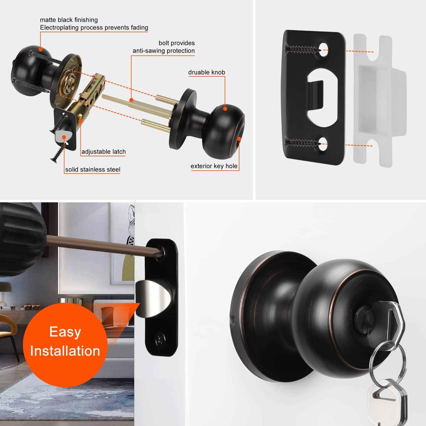 Haidms 1 Pack Oil Rubbed Bronze Door Knob with Lock and Key, Keyed Entry Door Knobs Exterior, Black Doorknob for Bedroom
