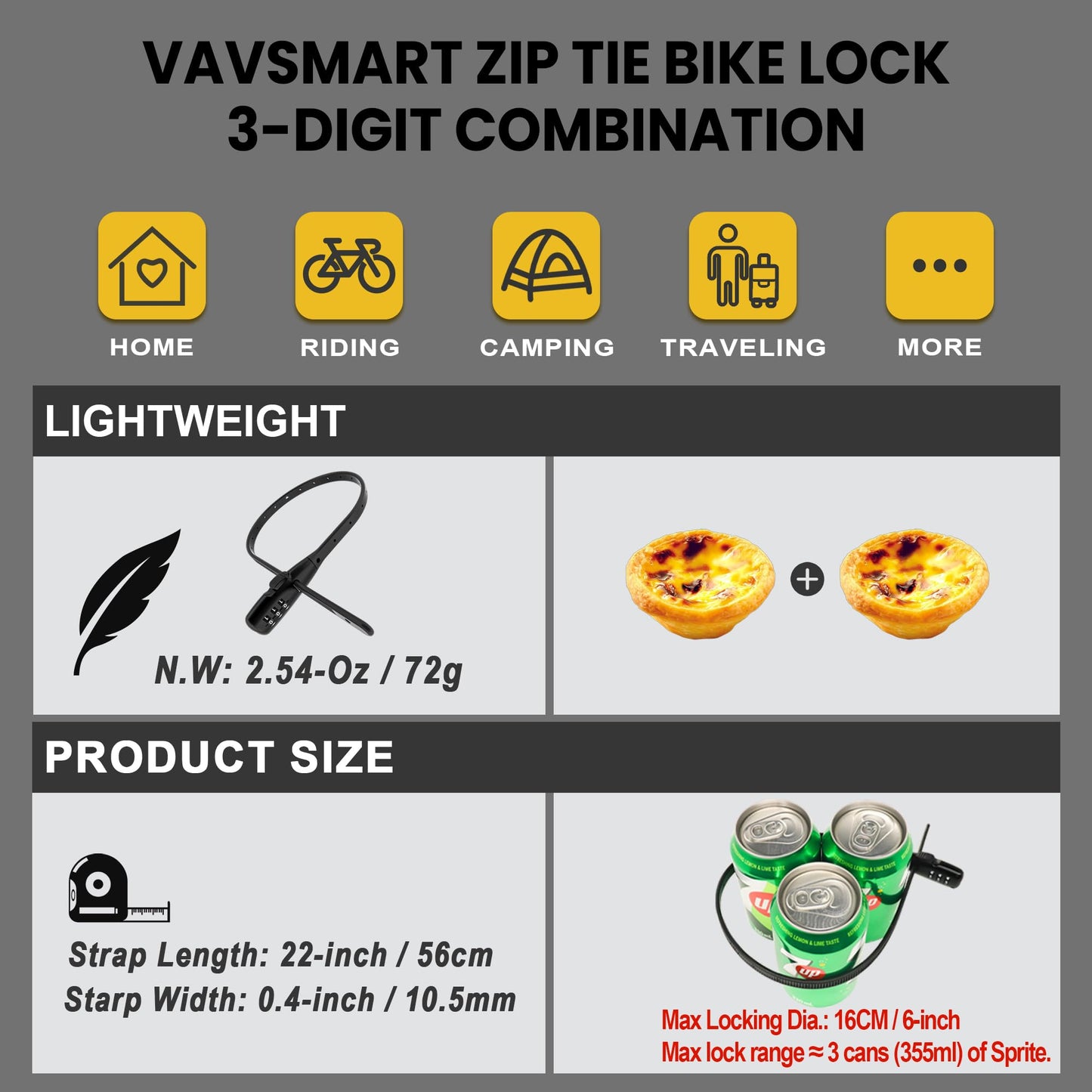 VAVSMART Zip Tie Lock, Adjustable Cable Lock with Combination - Cafe Quick Combo Lock Security for Kids Bike Wheel/Frame, Bicycle, Stroller, Ski, Motorcycle Helmet, Cabinet (1 Pack)