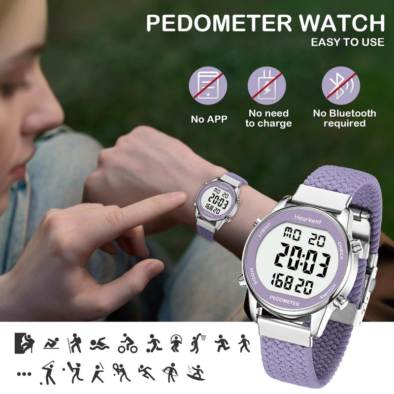 Hearkent Women Pedometer Watch for Walking Steps and Miles-Step Counter for Calories,30M Waterproof-EL Backlight-Countdown-Stopwatch-No App Step Tracker for Adults Seniors(Purple)