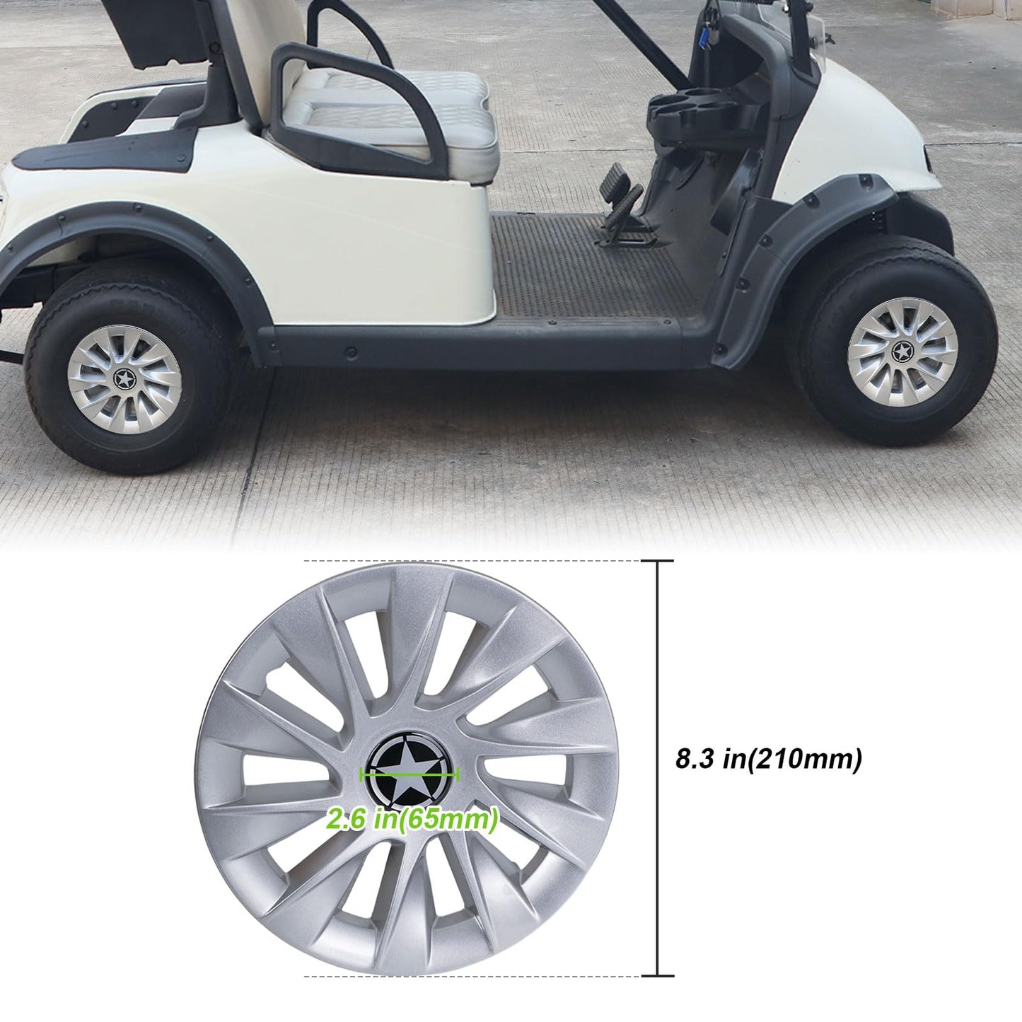 8 Inch Golf Cart Hub Caps Wheel Covers for EZGO Club Car Yamaha Accessories, Snap-On Plastic Hubcaps Set of 4, Silver Chrome Finish for Most 8" Wheels (Silver)