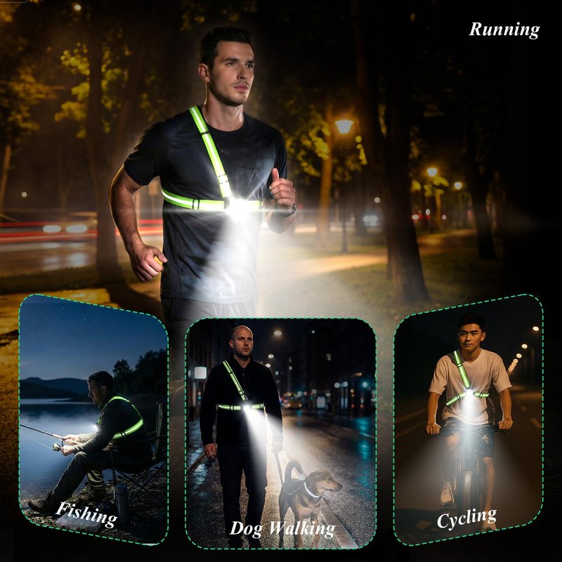 Running Lights for Runners with Rear Red Warning Light, 360° High Visibility Light Up Vest, Rechargeable Chest Light with Adjustable Beam Angle, IPX4 Waterproof, Reflective Gear for Outdoors, Green