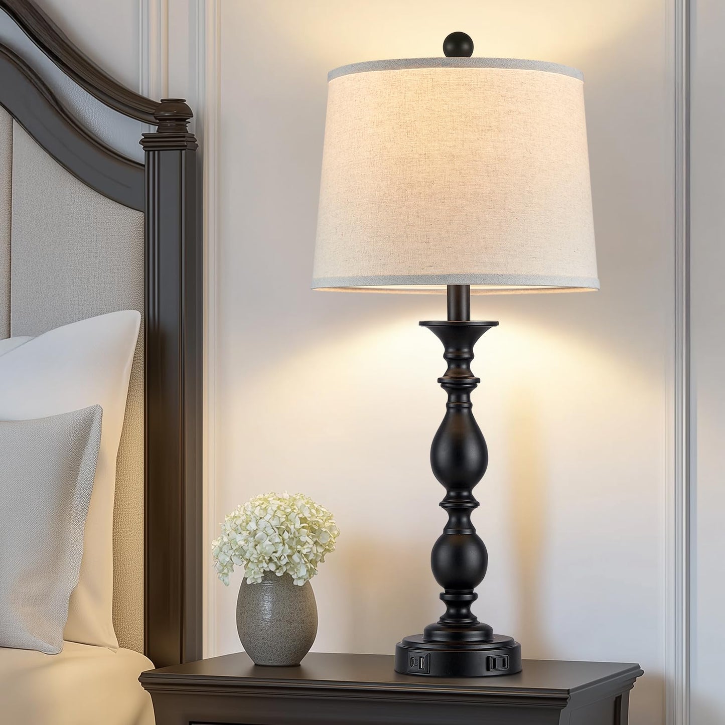 MOUVOVO 28" Tall Modern Table Lamps Set of 2 with USB C+A Ports and AC Outlet, 3 Way Touch Metal Bedside Lamps for Living Room, Black Farmhouse Nightstand Lamps for Bedroom