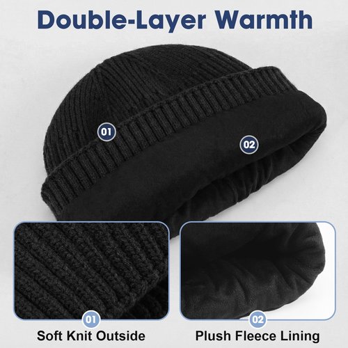 DACKRITO Thick Fleece Lined Knit Beanie for Men & Women – Warm Winter Cuffed Hat for Cold Weather Outdoor Wear Black