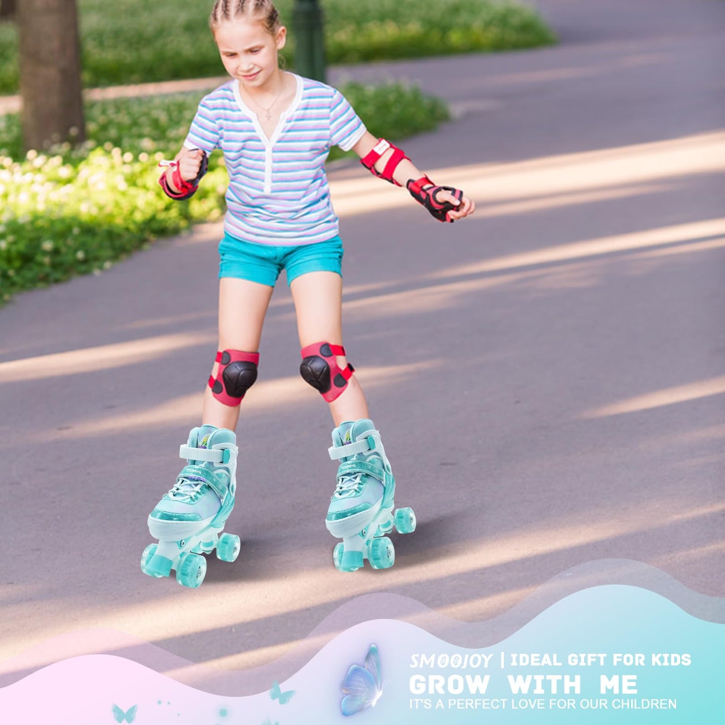 SMOOJOY Kids Roller Skates for Girls-Outdoor 4 Size Adjustable Butterfly Quad Rollerskates for Indoor Ages 3-15 Years Beginners Children's Birthday Gift with Light Up Wheels patines para niñas Indoor