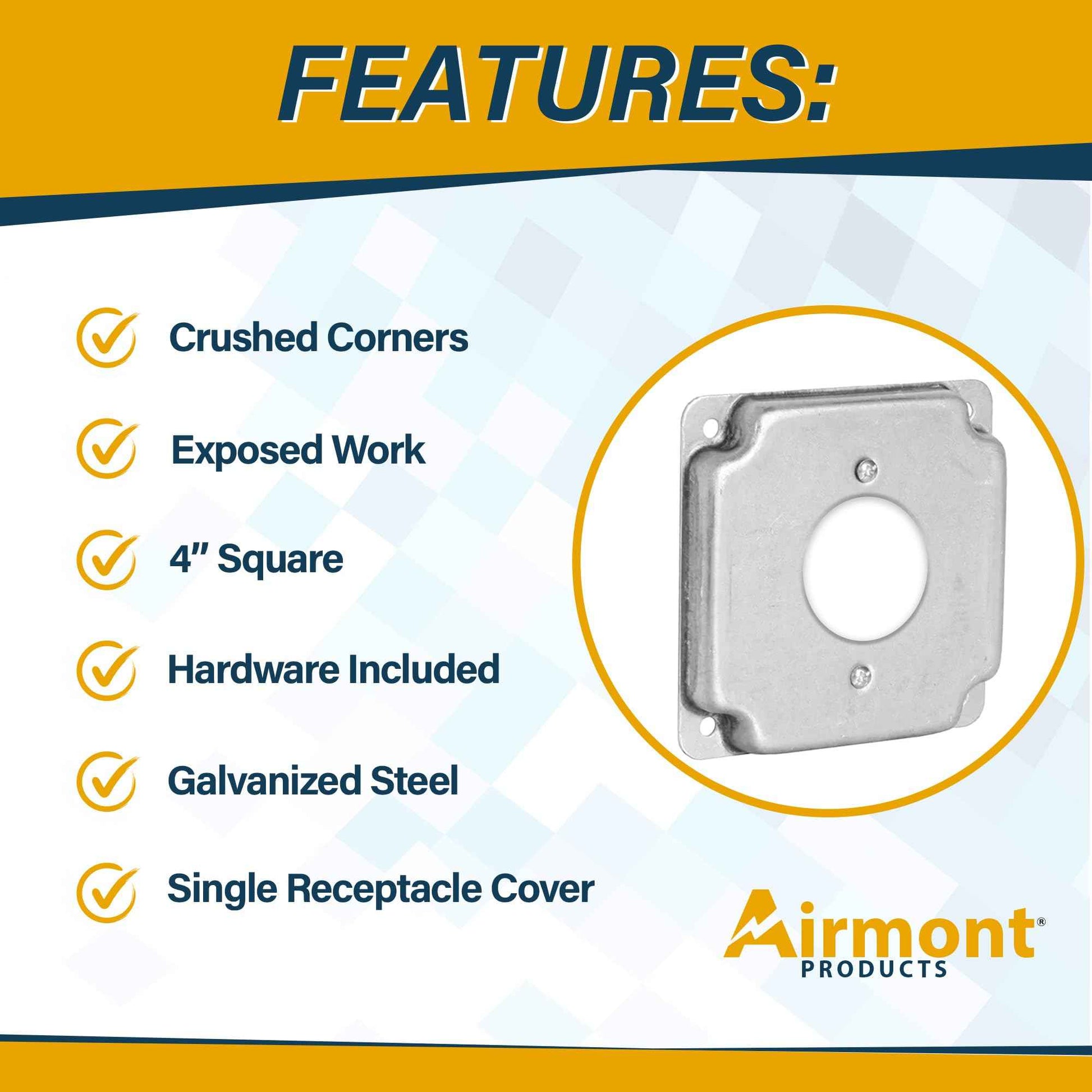 Outlet Box Kit, Includes 4x4'' Drawn Metal Electrical Box, 2 Tamper Resistant 20 Amp Duplex Receptacle Outlets, Duplex Receptacle 4x4'' Cover, Sixteen Knockouts (Single Receptacle Kit)