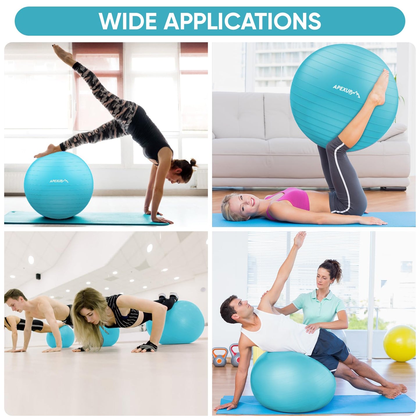 APEXUP Yoga Ball, 660 lbs Anti-Burst Exercise Ball with Pump, 5 Sizes (XXL(31"~34") 85cm, Light Blue)