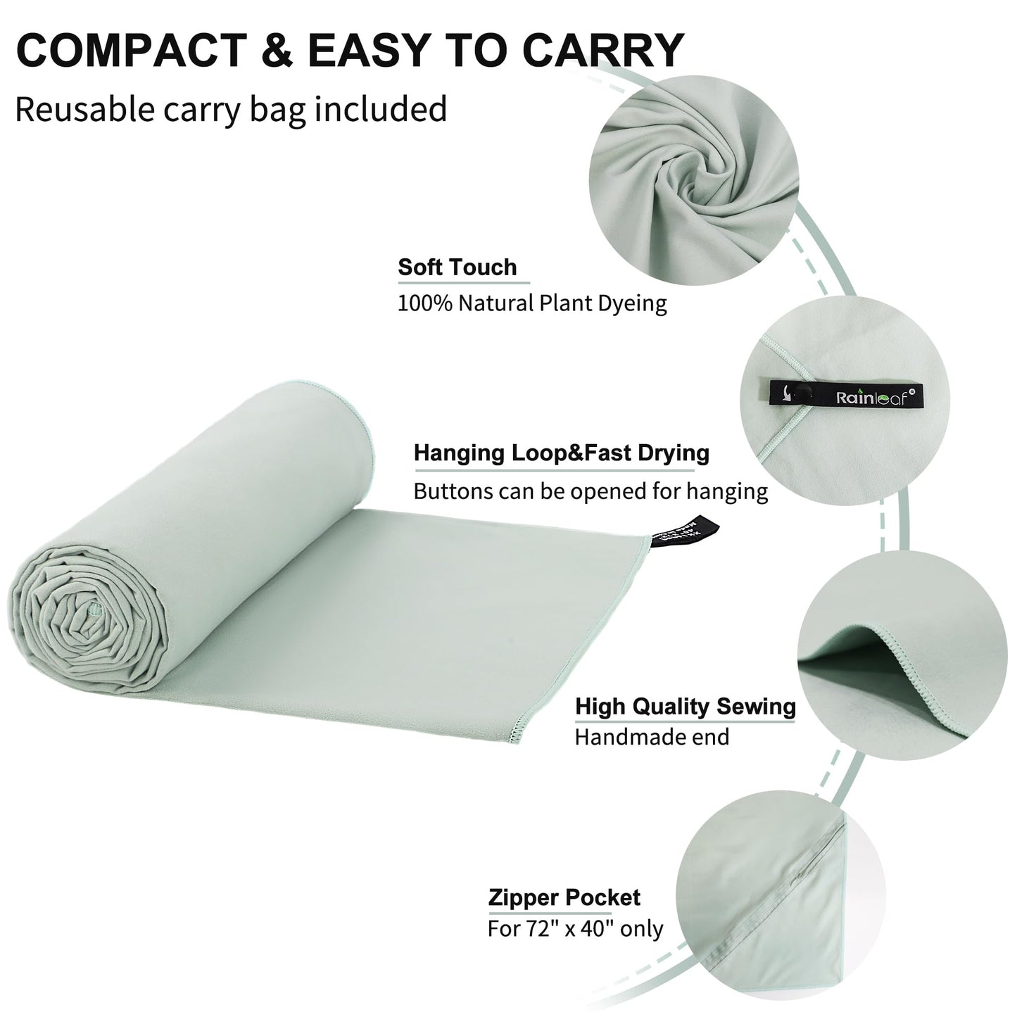 Rainleaf Microfiber Towel Quick Dry Camping & Travel & Gym Towel. Compact