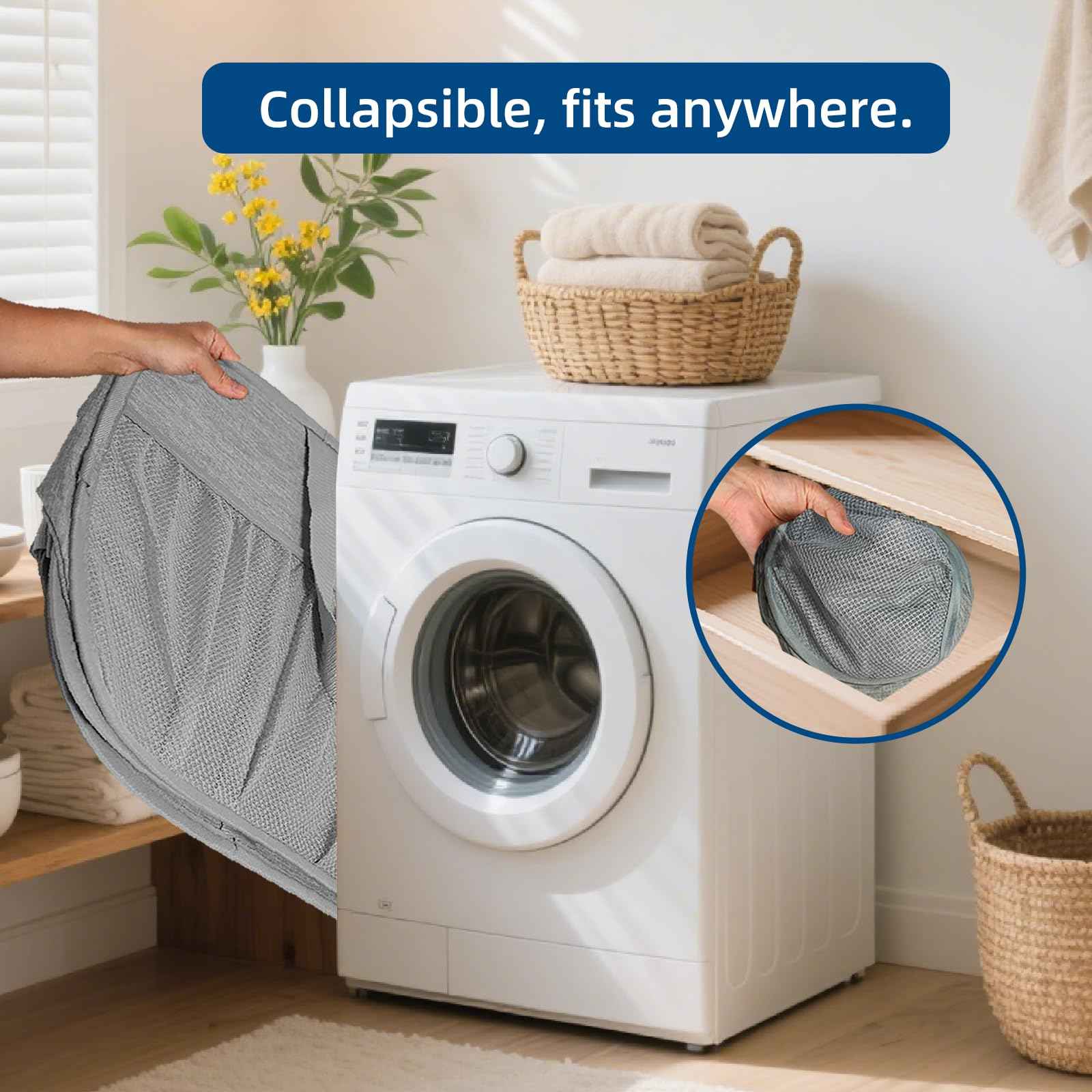 Collapsible Laundry Baskets, Tear Proof Pop Up Laundry Hamper with Lid, Dual Handles Durable Foldable Laundry Basket, Easy to Carry Laundry Hamper for Home, Laundry Room, Bedroom, Dorm, Travel Grey