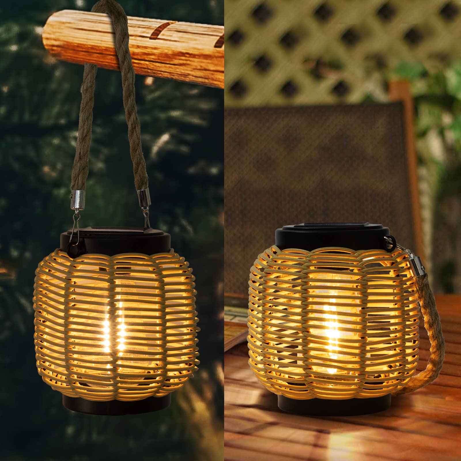 Livinlarge Solar Rattan Lantern with Twine Handle - Outdoor Waterproof Solar Lanterns for Table, Deck, Yard, Patio, Walkway, Porch & Home Decor