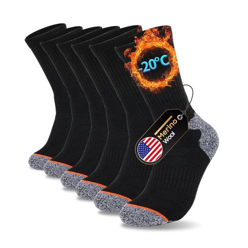 kaciixaa Merino Wool Thermal Socks for Men & Women, 3 Pairs Cushioned Moisture Wicking Crew Boot Socks for Work & Outdoors[Black,L]