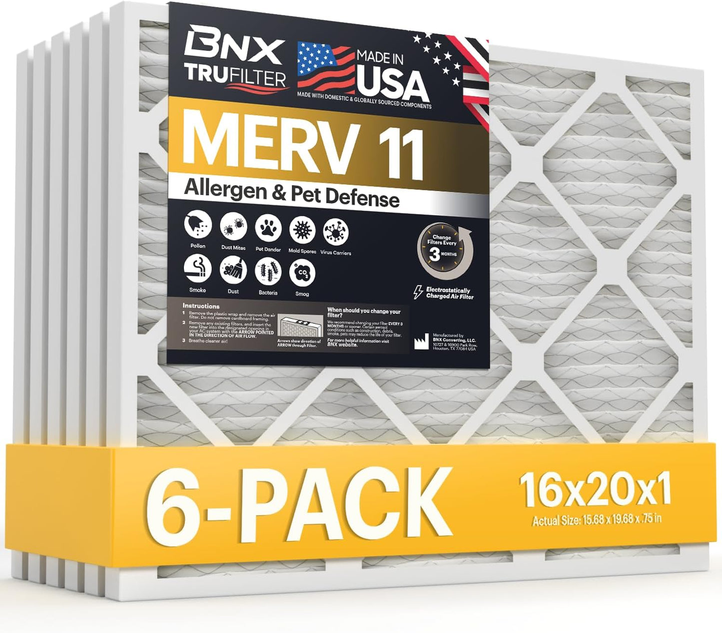 BNX TruFilter 12x12x1 MERV 8 Air Filters (6-Pack) - USA-Made Dust & Pet Defense for HVAC