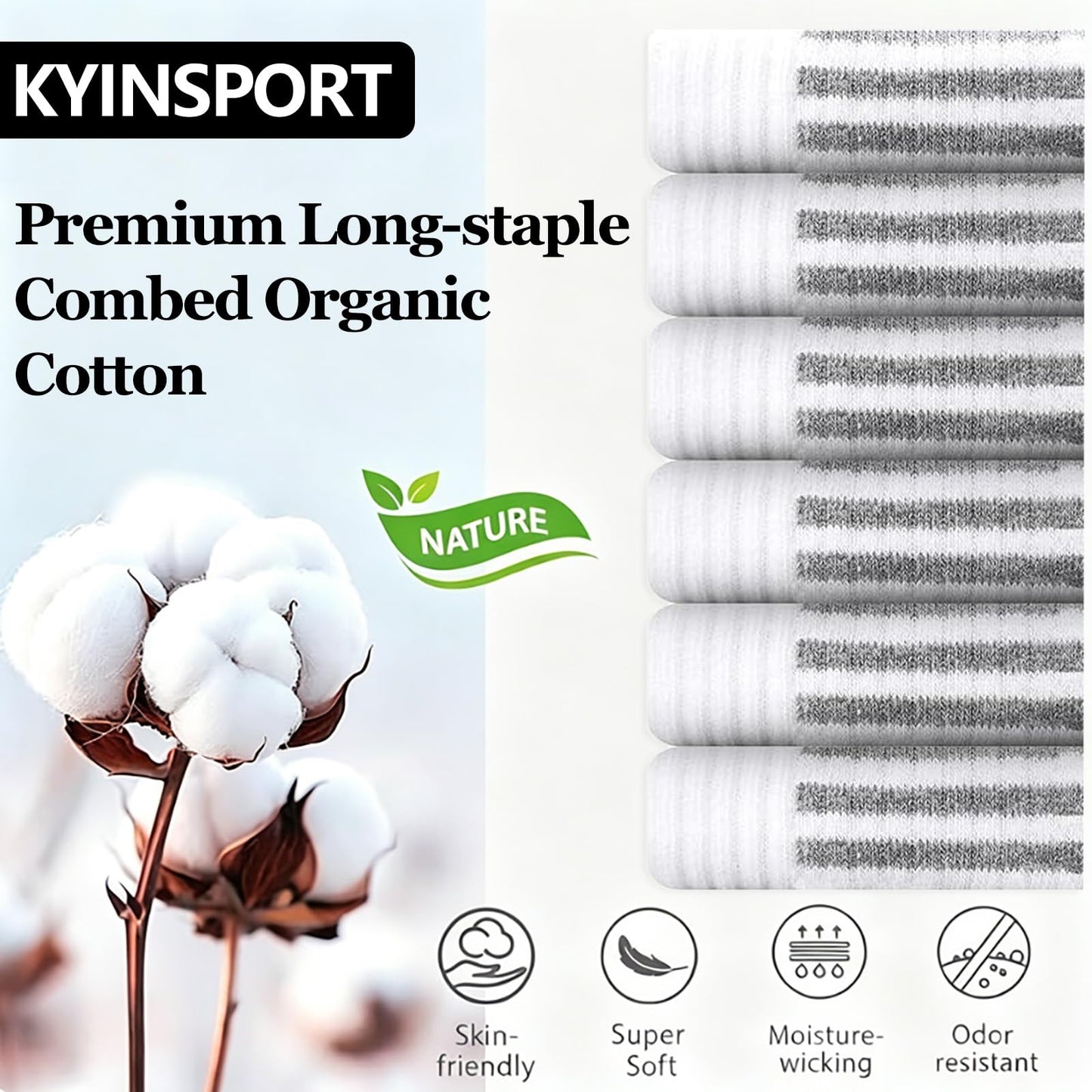 KYINSPORT Men's Athletic Cushioned Crew Socks - Cotton Cozy Running Socks, Moisture Wicking, Breathable Arch Support，6 Pack, White