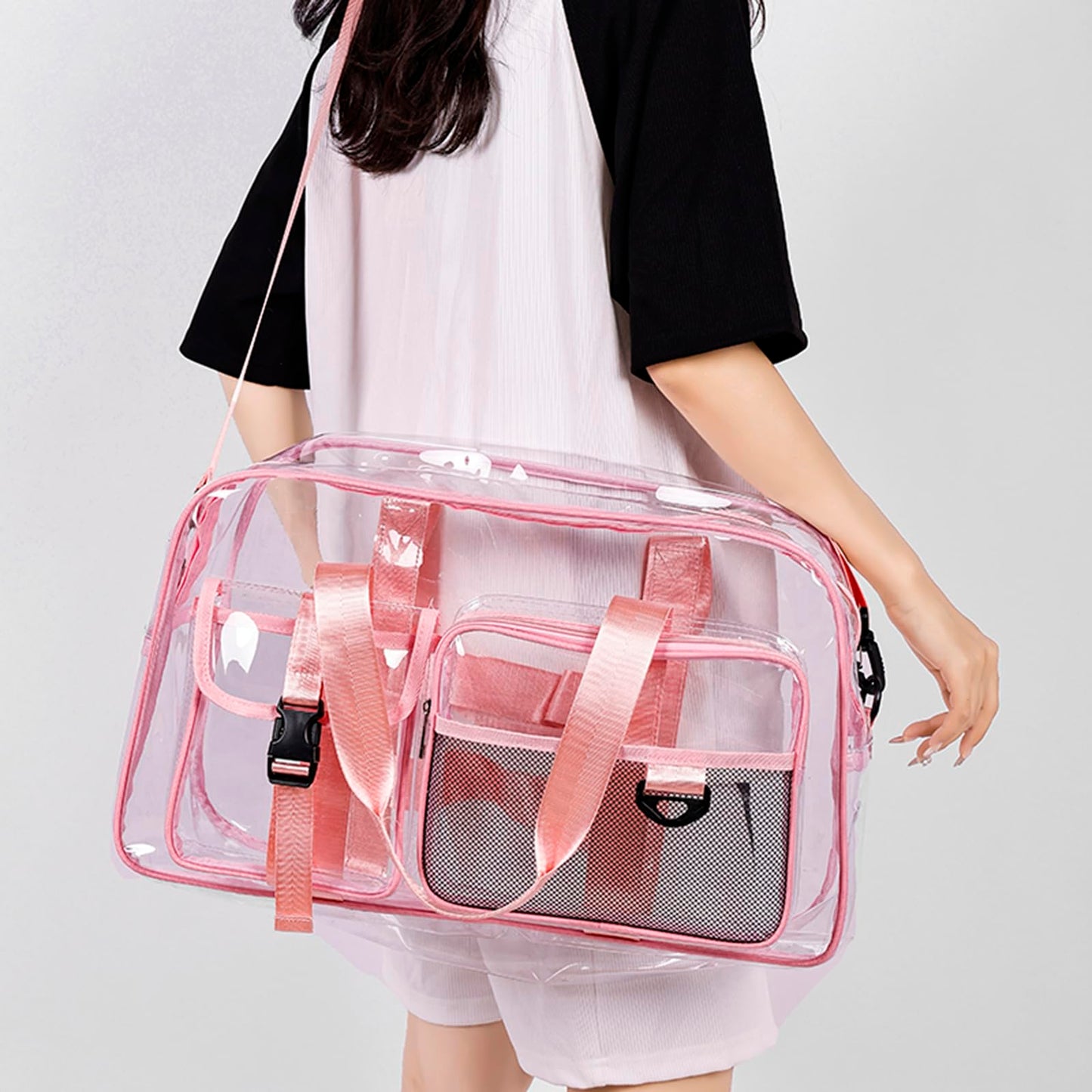 Clear Gym Bag for Women, Travel Duffle Bag Carry On Weekender Bag with Shoe Compartment
