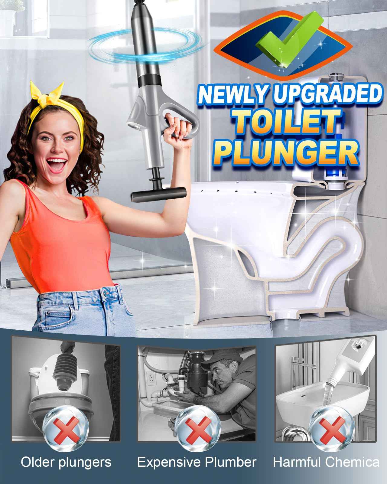 Stainless Steel Toilet Plunger, Air Drain Blaster, Drain Clog Remover Tool, High Pressure Drain Blaster Gun with Visual Barometer, Suitable for Sink, Bathroom, Kitchen, Toilet, Shower, Clogged Pipe