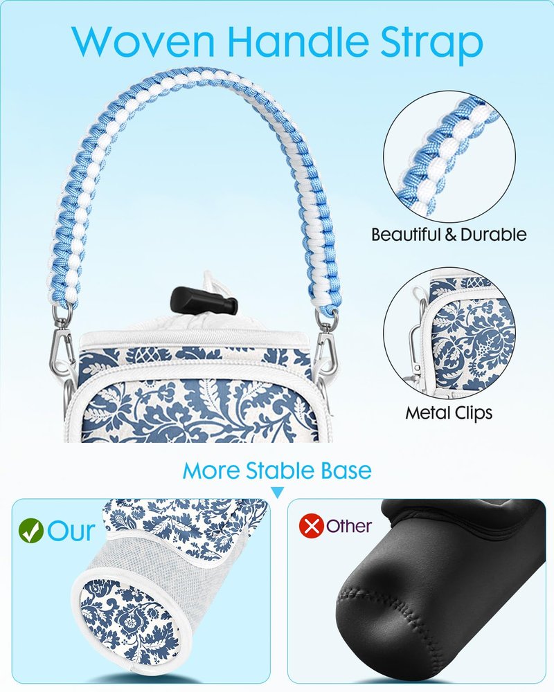 Toykee Under 32 oz Water Bottle Holder Bag with Strap - Crossbody & Woven Handle Sling for Carrier Walking with Phone Pocket Blue Flower