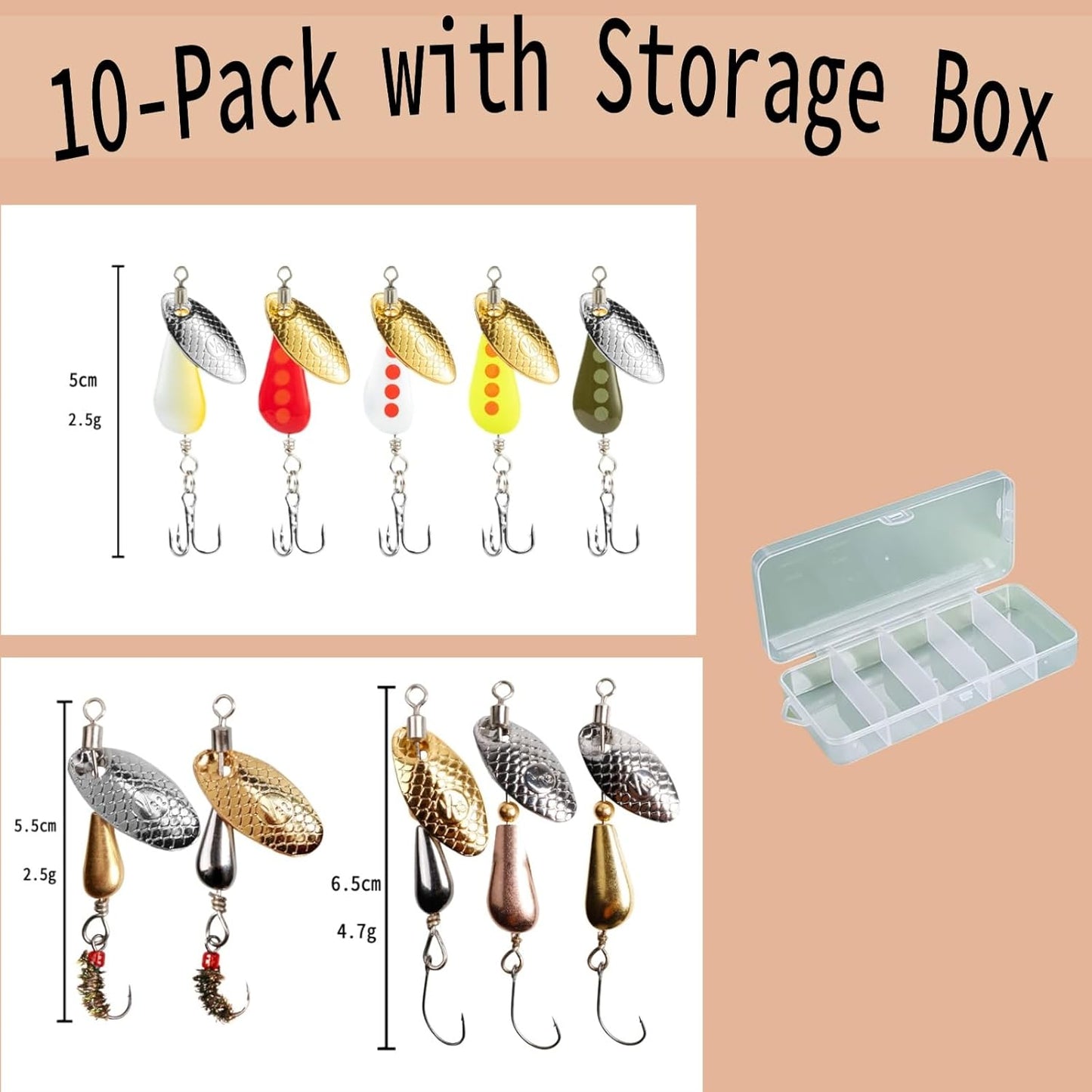 SHIAWASENA Fishing Spinners - 10pcs Inline Spinner Baits Kit with High-Reflective Flash for Trout, Salmon & Bass
