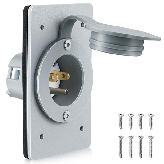 1 Pack 15 AMP Straight Blade Flanged Male Power Inlet Receptacle, 15 A, 125V NEMA 5-15P Integrated Nylon Faceplate Body and Rubber Waterproof Cover Electrical Outlet for Home/car/Boat/RV Inlet (Grey)
